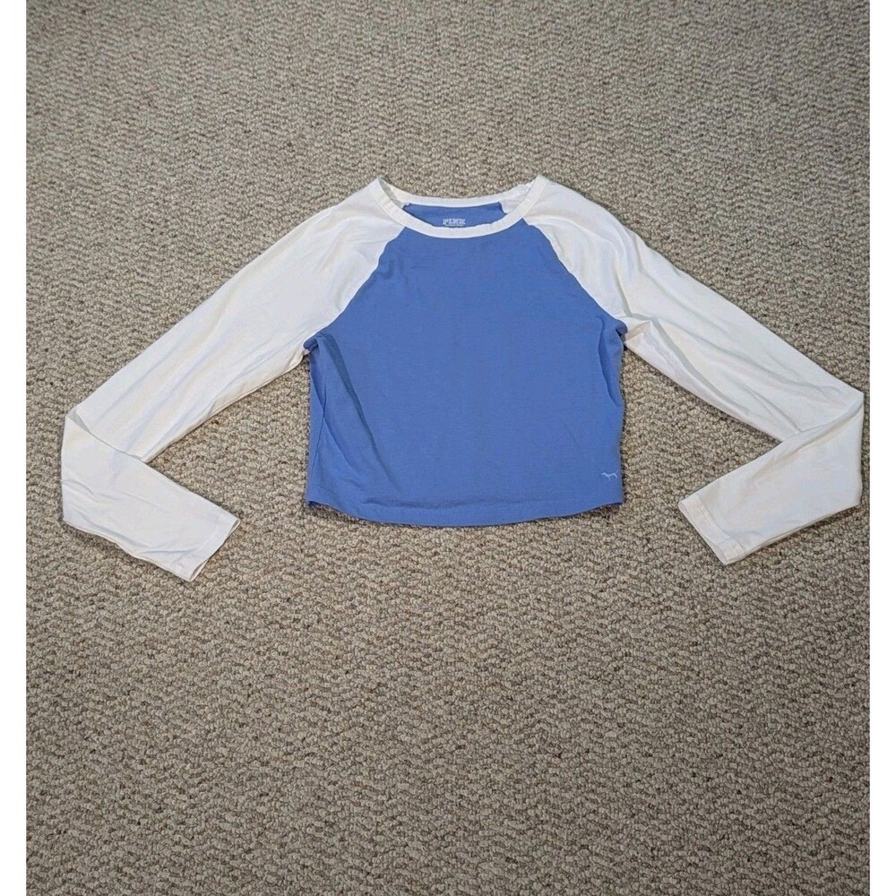 Victoria’s Secret PINK Raglan T Shirt Small White Blue Cropped Long Sleeve
